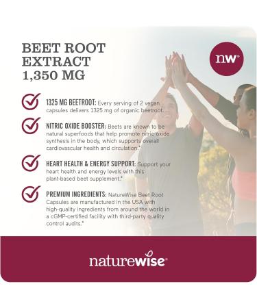 NatureWise Beet Root Capsules 1300mg - Organic Nitric Oxide Booster for Heart Health | Vegan Gluten-Free Non-GMO | 240 Capsules (4-Month Supply - Buy Online on GoSupps.com