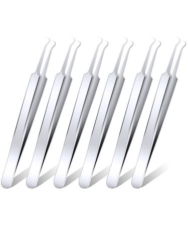 ANCIRS 6 Pack Acne Pimple Blackhead Remover Tweezers Stainless Steel Acne Tweezers Curved Pimple Tweezers Extractors Tool for Blackhead Blemish Removal-Silver Color