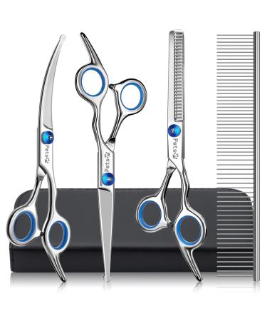 Pets vv Dog Grooming Scissors Kit with Safety Round Tips, Stainless Steel 5 in 1 Dog Grooming Supplies Shears Tools Comb Set, Professional Pet Grooming Scissors Thinning Curved Shears for Dogs & Cats Blue