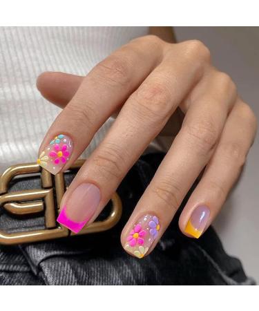 VOTACOS Short Square Nude Daisy False Press On Nails - Glossy Stick On Nails for Women - Buy Online on GoSupps.com