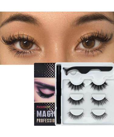 Anohuyho Magic Eyeliner with Eyelashes Kit-3 Pairs of False Eyelashes Natural Look  2-in-1 Eyeliner Instead of Glue  Rose Gold Tweezers  Lash Extension Supplies L01