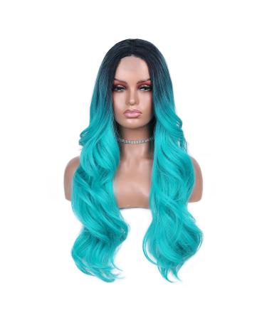 FAVE Ombre Bluish Green Wig Long Wavy Middle Part Wig Teal Blue Wig Heat Resistant Synthetic Hair Mermaid Wigs for Women Cosplay Party Wig(1B to Bluish Green) 1B to Bluish Green-Lace Part