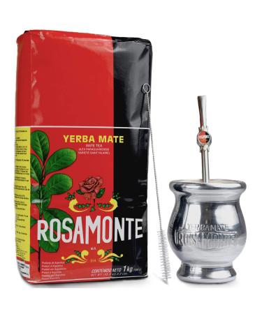Yerba mate rosamonte traditional 1 kg stainless steel mate tea set: yerba Matebecher - Kalbasse |Yerba mate tea straw - bombilla |Cleaning brush traditional 1 kg (1 Pack)