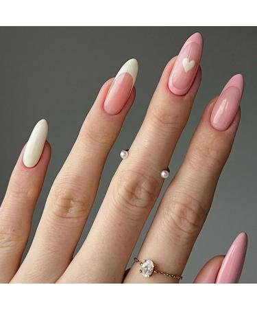 JUSTOTRY 24 Pcs Short False Nails Stiletto with Heart Peach Pink French Press on Nails Pattern Fake Nails Short with Nail Glue Almond Medium Stick on Nails for Women Nails Fake Nail for Nails Art peach pink 1