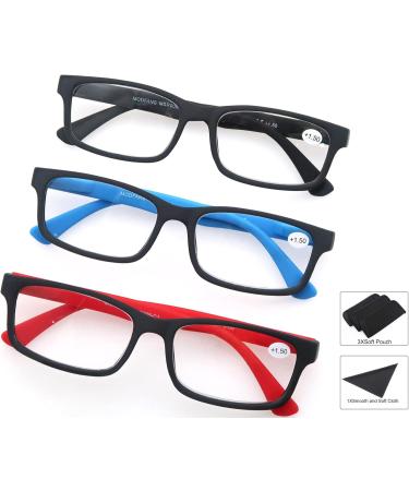 Modfans 3-Pack Reading Glasses 1.5 | High-Quality Rectangular Specs for Men & Women | Comfortable Black & Blue-Red Reading Aid - Buy Online on GoSupps.com