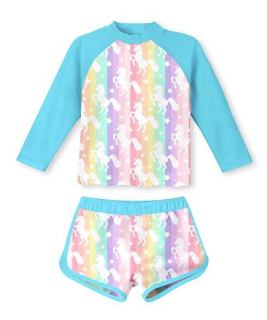 TUONROAD Girls Swimming Costume Toddler Baby Kids Two Piece Long Sleeve Swimsuit UPF 50+ Protection Bathing Suit Swim Set for 4-10 Years 9-10 Years Blue Unicorn