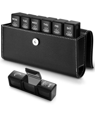 Pill Organizer 3 Times a Day with PU Leather Case, Large Weekly Pill Box, 7 Day Pill Case for Vitamins, Daily Pill Holder for Supplements