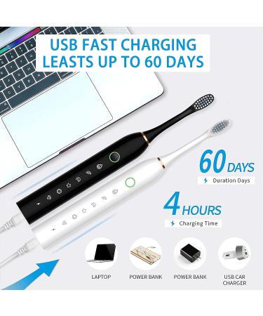 Lukern Sonic Electric Toothbrush 2 Pack - 6 Modes, 42000vpm, 2 Minute Timer, 8 Brush Heads - White+Black - Buy Online on GoSupps.com
