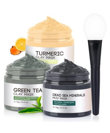 Turmeric Vitamin C Clay Face Mask Dead Sea Mud Mask Green Tea Clay Mask Facial Skin Care Sets for Women&Men Facial Mask for Oil Control Deep Cleaning Reduce Blackheads and Acne/2.5 OZ each