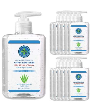Hear Clear PQS Hand Sanitizer Gel 16 OZ - 70% Alcohol w/ Hand Pump Aloe & Mild Lemon Scent (12 Bottles)