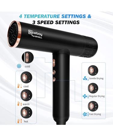 Nicebay Ionic Hair Dryer - Professional 1600W Blow Dryer with 3 Attachments High-Speed Brushless Motor Lightweight & Low Noise Black & Gold - Buy Online on GoSupps.com
