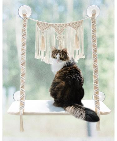 Dahey Cat Window Perch Macrame Cat Hammock Boho Wall Mounted Pet Resting Seat Bed for Indoor Cats Space Saving kitty Sunny Swing Shelf on Window Safety Holds up to 45 lbs with Screw Suction Cups, Gift