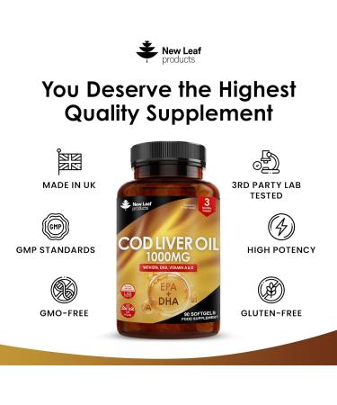 High Strength Cod Liver Oil Capsules 1000mg - 90 Softgels with Omega 3 EPA DHA, Vitamins A & D - UK Made by New Leaf - Buy Online on GoSupps.com