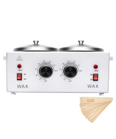 Double Wax Warmer Professional Electric Wax Heater Machine for Hair Removal, Dual Wax Pot Paraffin Facial Skin Body SPA Salon Equipment with Adjustable Temperature Set - 100 Wax Applicator Sticks 101 Piece Set Double Wax W…
