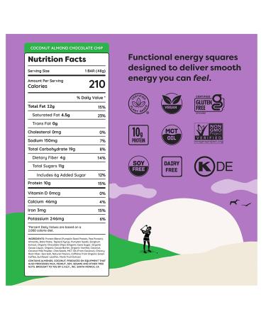 QUANTUM Energy Square Organic Caffeinated Protein Bars 10g Plant Based Gluten Free Vegan Non-GMO Breakfast Bar Healthy Snacks Coconut Almond Chocolate Chip 8 Pk - Buy Online on GoSupps.com