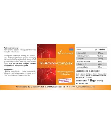 Tri Amino Complex - Amino Acid Complex with Arginine Ornithine and Lysine - Vegan - Magnesium Stearate Free - 90 Tablets | Vitamintrend  - Buy Online on GoSupps.com