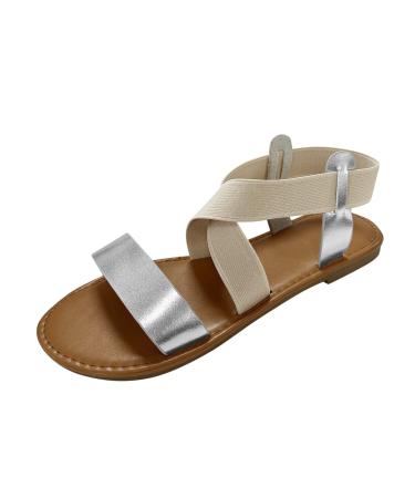 HSYHKDSY ENTIREFACE flat sandals for women elastic straps open toe section casual clothing sandals slingback ladies summer shoes vacation S42950 silver 6.5 UK