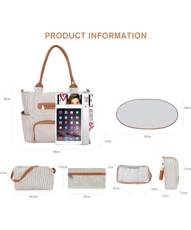 SONARIN 7pcs Nappy Changing Bag Set Multifunction Mummy Tote Bag Baby Changing Bag Shoulder Handbag Travel Diaper Bag with Bottle Bag Changing Mat and Stroller Straps white stripped(Khaki) - Buy Online on GoSupps.com