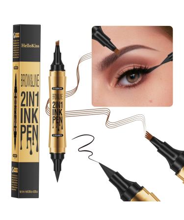 BEENLE Dual-ended eyebrow pencil 2-in-1 eyebrow pencil waterproof and long-lasting eyebrow makeup for natural and hair-like brows (01# light brown + black eyeliner)