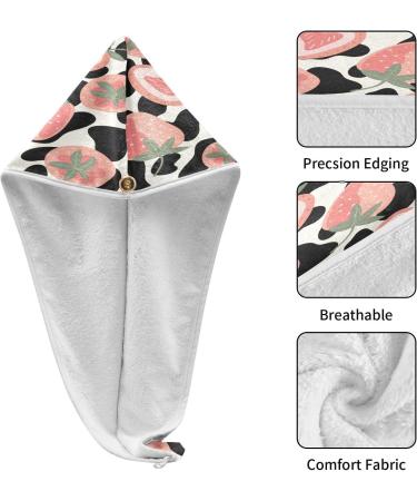 Cow Print Strawberry Dry Hair Cap & Towel Set | Quick Drying Soft Super Absorbent | 2 Pieces with Button Headband - Perfect for All Hair Types - Buy Online on GoSupps.com