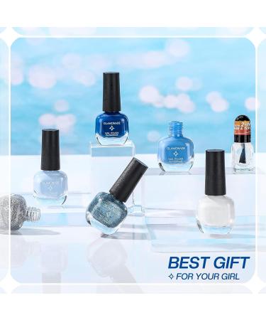 Glamonade Glitter Blue White Nail Polish Set - 10-Free Non Toxic Water Based Formula - 0.24 oz 6 Colors Kit with Rounded Design Brush - Ideal for Beginners - Buy Online on GoSupps.com