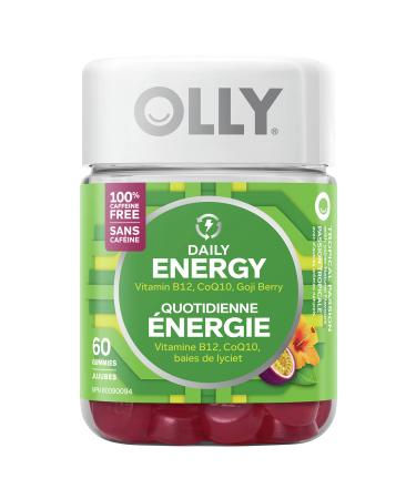 OLLY Daily Energy Gummy Supplement 100% caffeine-free energy vitamins Tropical Passion blend of vitamin B12 CoQ10 & Goji Berry 30 day supply 60 gummies