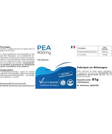  Vitamintrend PEA 400mg - Palmitoiltanolamide - 120 capsules - high dose - vegan - supplements from Germany | Vitamintrend - Buy Online on GoSupps.com