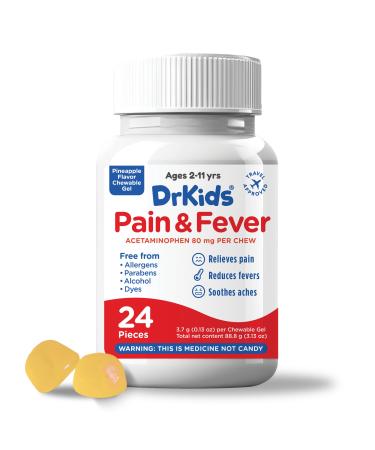 Dr. Kids Children s Pain and Fever Chewable Gels Pain Relief and Fever Reducer for Kids Ages 2 11 80 mg Chewable Acetaminophen for Headache Sore Throat Cold & Flu Pineapple Flavor 24 Count