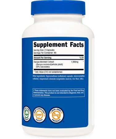 Nutricost Bacopa Monnieri 1 000mg 120 Capsules (60 Servings) - Non-GMO Gluten Free and Vegetarian Friendly 120 Count (Pack of 1) - Buy Online on GoSupps.com