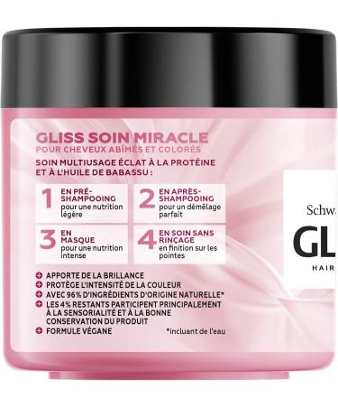 Schwarzkopf - Gliss - Miracle Radiance Treatment Mask 4 in 1 - Damaged and colored hair - Hair care - 96% ingredients of natural origin - 400ml jar - Buy Online on GoSupps.com