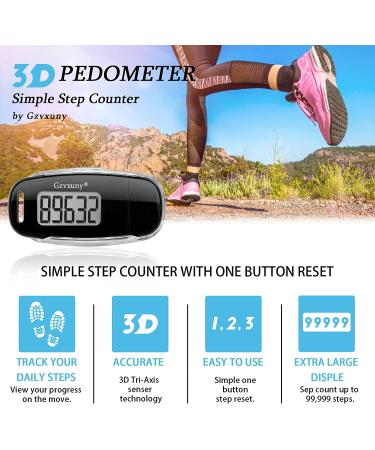 Gzvxuny 3D Pedometer with Clip and Strap, Simple Walking Step Counter, USB Rechargeable Accurate Step Counter, Daily Target Monitor, Exercise Time Black - Buy Online on GoSupps.com