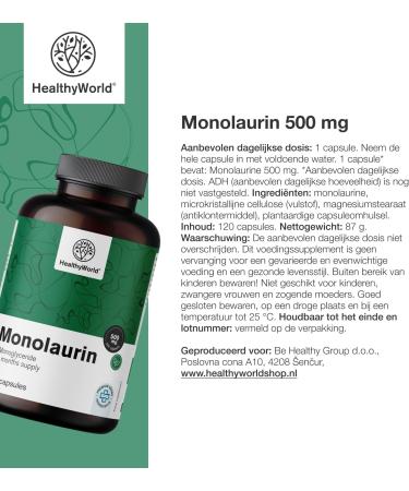 Be Healthy Group doo Monolaurin 120 Vegetable Capsules 500 mg per Daily Serving Natural Compound 4month supply Ester of Lauric Acid Body Support - Buy Online on GoSupps.com