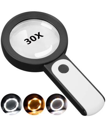 JMH Magnifying Glass with Light, 30X Handheld Large Magnifying Glass 18LED Cold and Warm Light with 3 Modes, Illuminated Lighted Magnifier for Seniors Reading, Inspection, Coins, Jewelry, Exploring Black