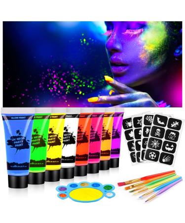 AOOWU Ultraviolet Glow Face Body Paint Set 8 Colors UV Blacklight Neon Fluorescent Face Paint Non Toxic Face Painting with Palette Brush Club Makeup Art Paint Kit for Adults Kids Halloween Party