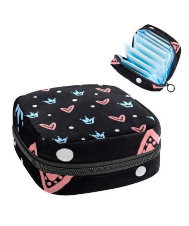 Cute Crown Loving Heart Black Sanitary Napkin Storage Bag Feminine Menstrual Cup Pouches Nursing Pad Holder Tampon Bags Portable Period Bag for Women Teen Girls 1Pcs Multi-colored 5
