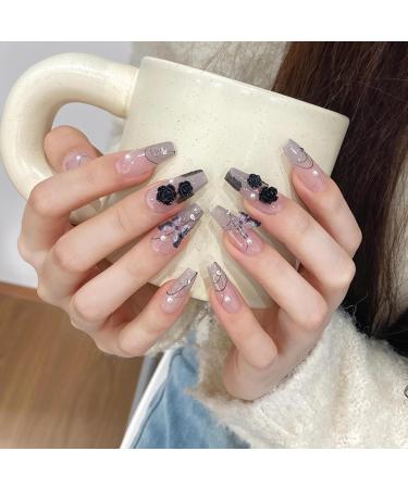 Nail enhancement black rose bow pearl mountain camellia handmade nail polish sparkling diamond and nail accessories(Size:S) - Buy Online on GoSupps.com