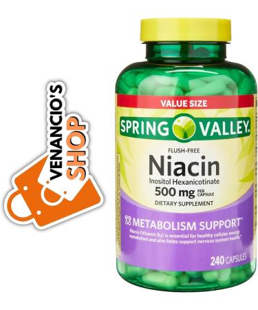 Spring Valley Vitamin B3 Niacin 500mg Flush-Free Capsules - Dietary & Metabolism Support + Venancio's Fridge Sticker (240 Pills) - Buy Online on GoSupps.com