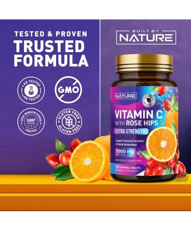 Built by Nature Chewable Vitamin C with Rose HIPS - 1000mg Immune Support Supplement - Non-GMO Gluten-Free Vegan - Powerful Antioxidant for Energy & Collagen Boost - Orange Flavor 120 Tablets 120 Count (Pack of 1) - Buy Online on GoSupps.com
