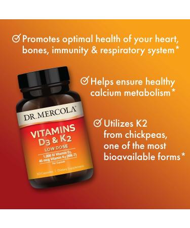 Dr. Mercola Vitamins D3 & K2 Low Dose - Maintain Vitamin D Levels - Supports Immune & Bone Health - MenaQ7 Chickpea-Sourced K2 - Non-GMO, Gluten-Free & Soy-Free - 30 Capsules (30 Servings) 30 Count (Pack of 1) - Buy Online on GoSupps.com