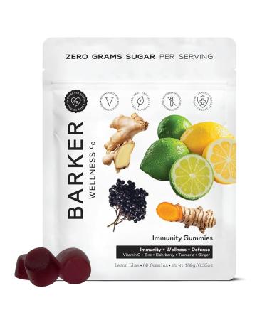 Barker Wellness Immunity Gummies with Vitamin C Zinc Elderberry Turmeric & Ginger for Daily Immune Support | Vegan Sugar-Free Lemon-Lime Flavor | Seasonal Wellness Essentials 60 Count