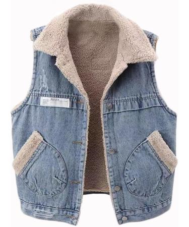oelaio Women's Stretch Denim Jacket Casual Lapel Button Up Fleece Lined Vest Boyfriend Sleeveless Jean Jacket with Pockets Coffee Small - Buy Online on GoSupps.com
