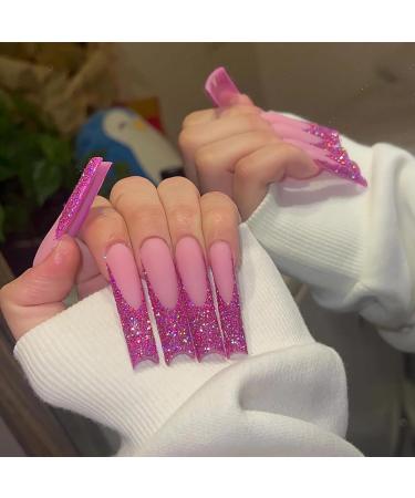 MISUD Extra Long Square Press on Nails - Matte Bling Glitter Acrylic Nails Fuchsia Sparkly Sequins French Tip Design - 24 Pcs Artificial Nails for Glamorous Looks - Buy Online on GoSupps.com