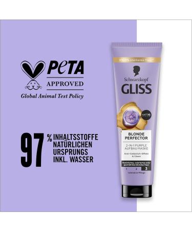 handle Gliss Blonde Perfector Purple Shampoo 250 ml with antiyellowing effect and ExpressPurple Conditioner Blonde Perfector 200 ml for spraying and 2in1 Purple buildup hair mask 150 ml hair treatment 200 ml 3er Pack - Buy Online on GoSupps.com