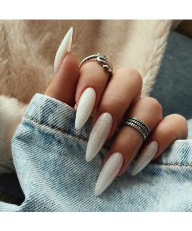 JUSTOTRY 24 Pcs Milky Oval Medium False Nails White Glitter French Press on Nails Short Pattern Easy Fake Nails Short with Nail Glue Almond Stick on Nails for Women Nails Fake Nail for Nails Art Milky glitter1