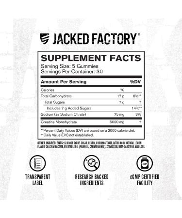 Jacked Factory Creatine Monohydrate Gummies 5g Daily Dose (1g per Gummy) - Creatine Gummy for Men and Women Vegan-Friendly Travel-Friendly Third-Party Tested - 150 Gummies Watermelon & Lemon - Buy Online on GoSupps.com