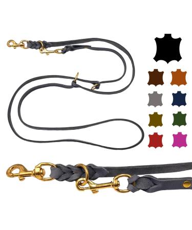 Dogeleine fat leather brass small dogs / large dogs 2m / 2.40m / 2.80m / 3.50m / 5m Double linen adjustable (3.50m x 12mm gray) 3.50m x 12mm gray
