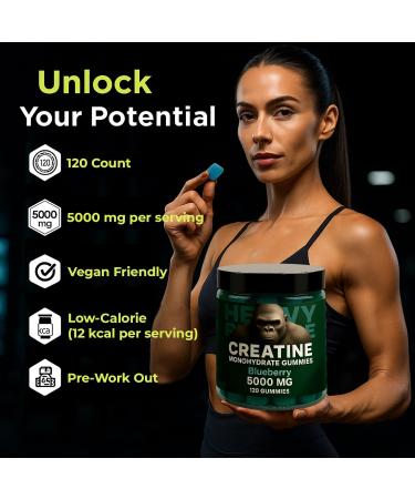 Creatine Monohydrate Gummies for Men & Women 5000mg - Blueberry 120 Count for 30 Servings | Low Calorie Formula | Muscle Builder and Energy Boost | Pre-Workout Supplement Chewable Creatine Gummies - Buy Online on GoSupps.com