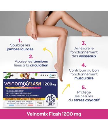 GRANIONS Veinomix Flash 1200 mg: venous circulation heavy legs hemorrhoids - Plants (horse chestnut small holly) vitamins minerals - 30 flash release tablets made in France - Buy Online on GoSupps.com