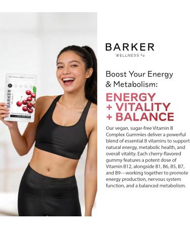 Barker Wellness Vegan B-Complex Gummies Comprehensive Energy & Metabolism Boost with B1 B5 B6 B7 Biotin B9 Folate B12 | Sugar-Free Cherry Flavor for Daily Focus & Vitality - Buy Online on GoSupps.com