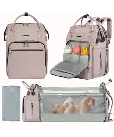 KROSER Diaper Bag Backpack, Portable Diaper Backpack with USB Charging Port, Large Capacity Travel Backpack for Mom Grey Pink
